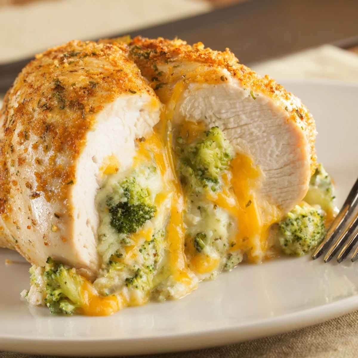 Broccoli Cheese Stuffed Chicken Breast on a baking sheet, cheese oozing and browned