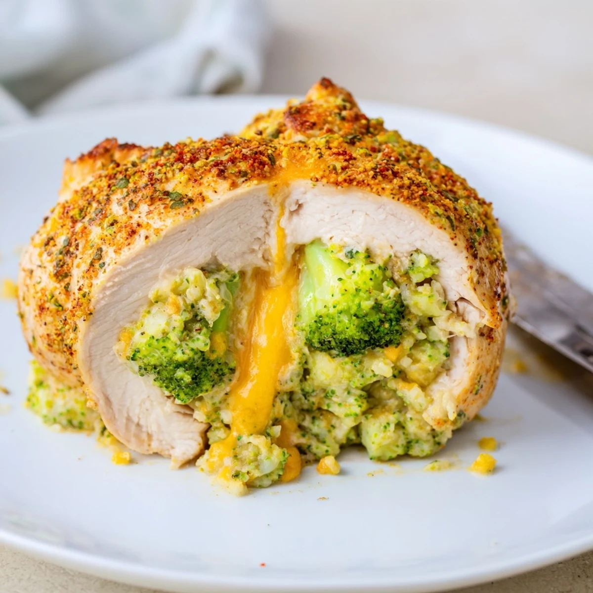 Herbed Broccoli Cheese Stuffed Chicken Breast paired with crisp green salad for serving
