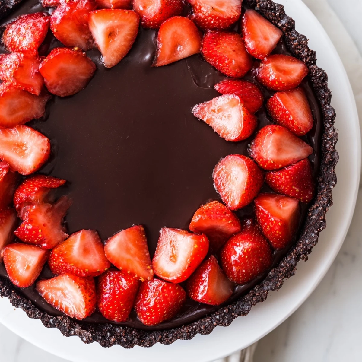 Chilled slice of Dark Chocolate Strawberry Tart Recipe topped with juicy strawberries