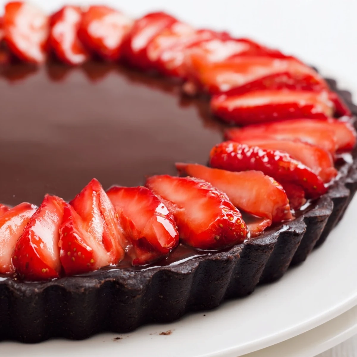 Dark Chocolate Strawberry Tart Recipe with crisp chocolate crust and glossy ganache