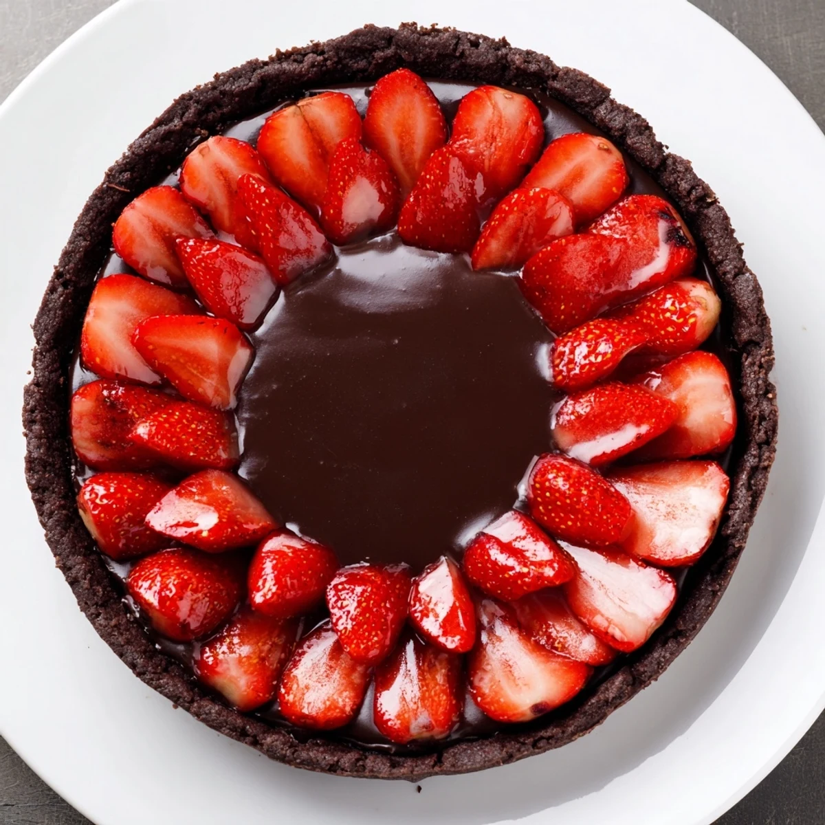 Serve Dark Chocolate Strawberry Tart Recipe warm or chilled, paired with rosé