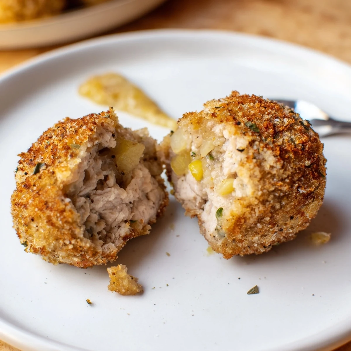 Golden baked Sage Onion Chicken Balls glistening with olive oil, served with dip