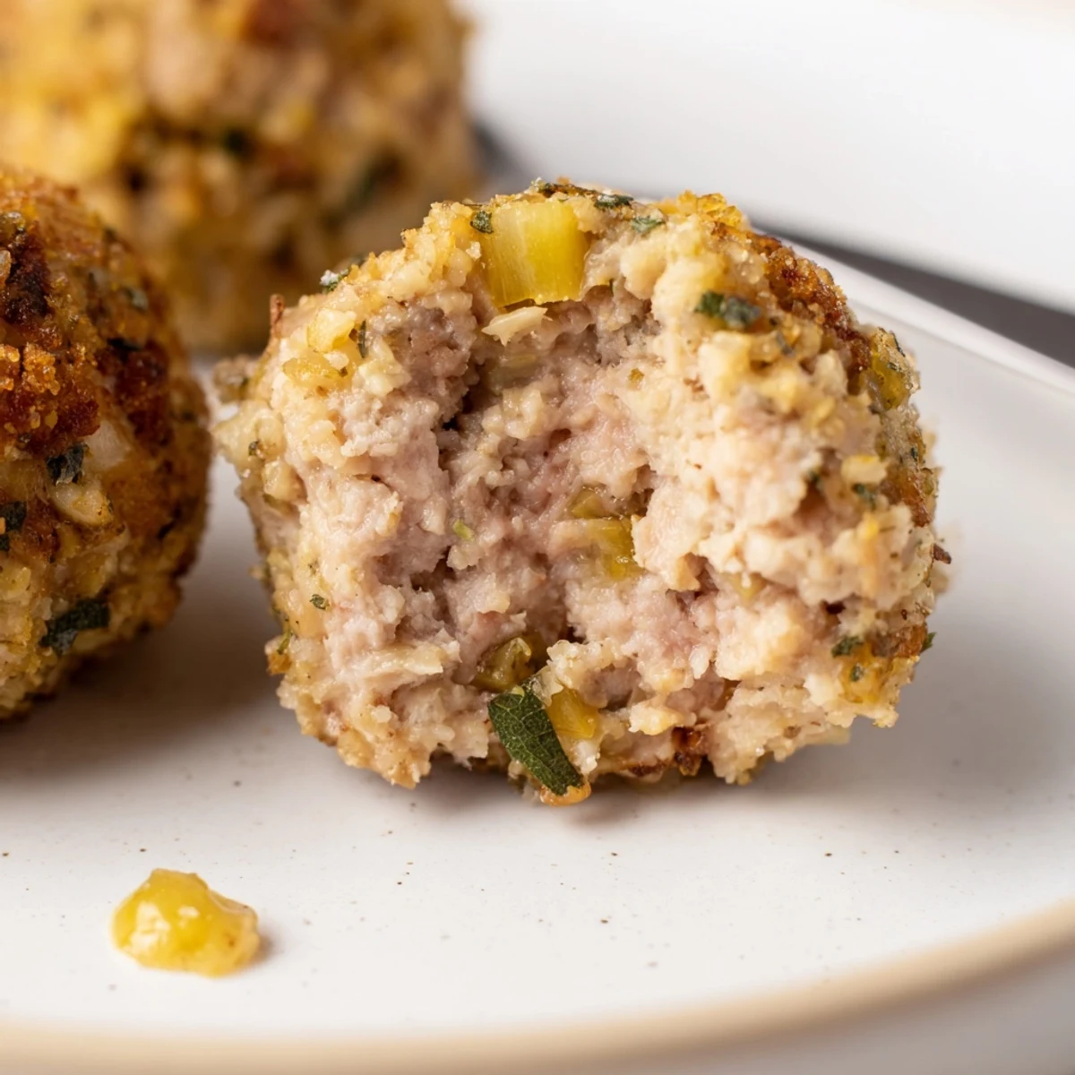 Hand shaped Sage Onion Chicken Balls served hot with honey mustard dip