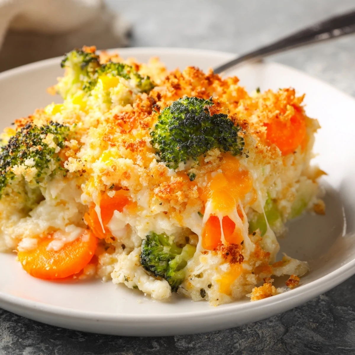 Warm Cheese Bake Broccoli Carrots with golden breadcrumb crust, bubbling cheese