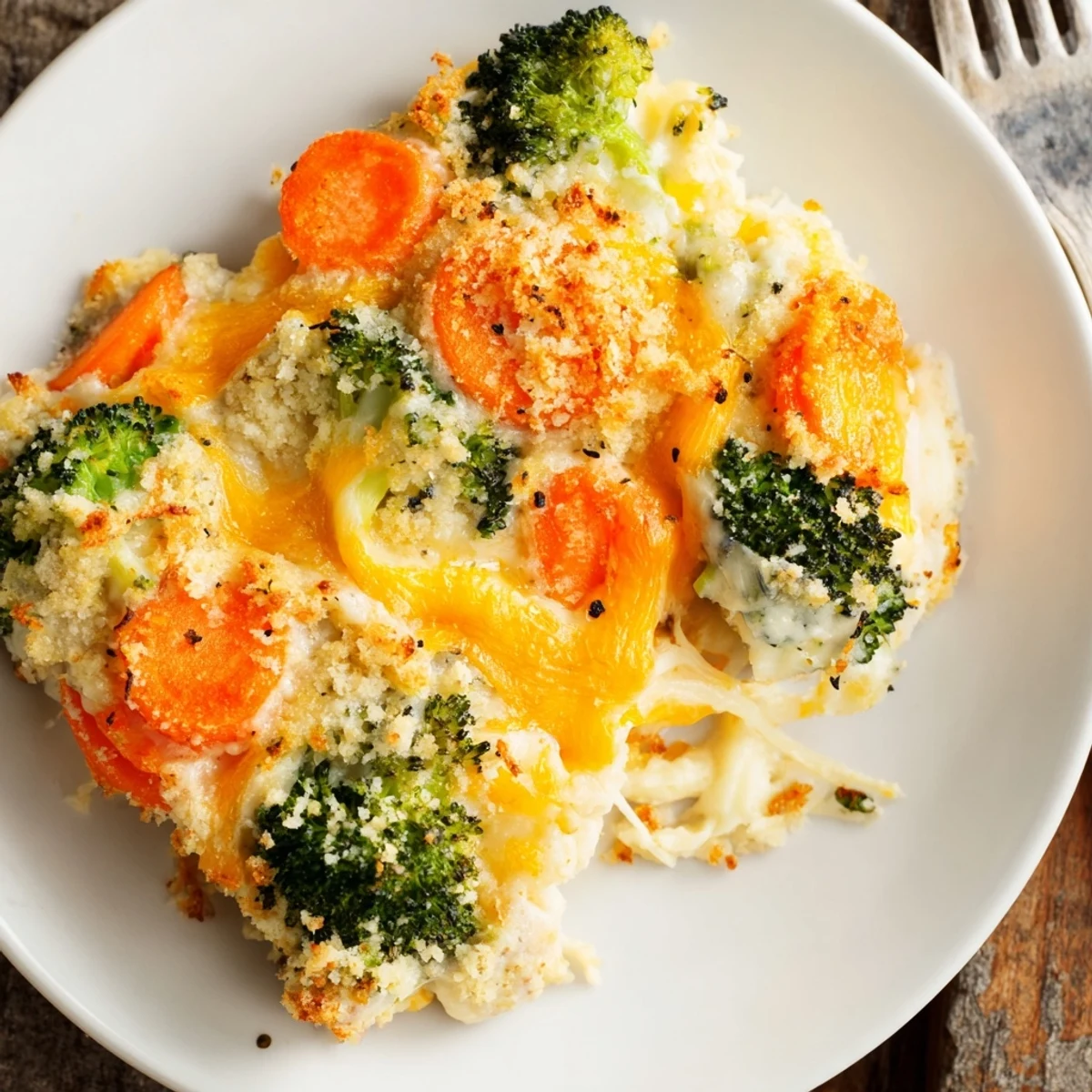 Creamy Cheese Bake Broccoli Carrots studded with tender florets and sweet carrots