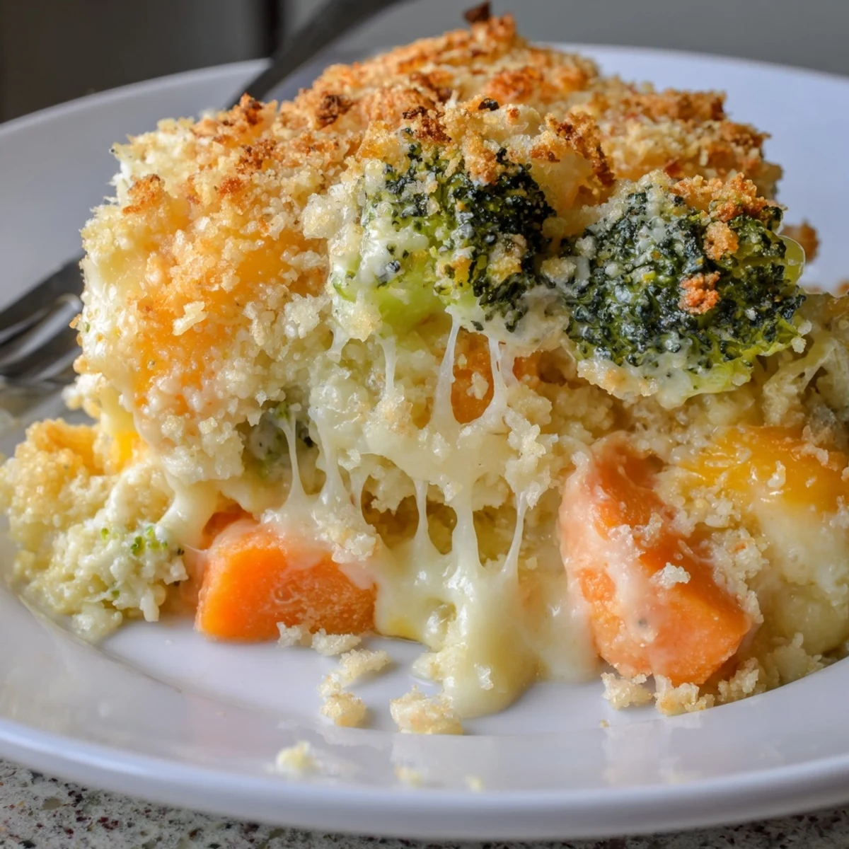 Serve hot Cheese Bake Broccoli Carrots as a hearty vegetarian side with parsley