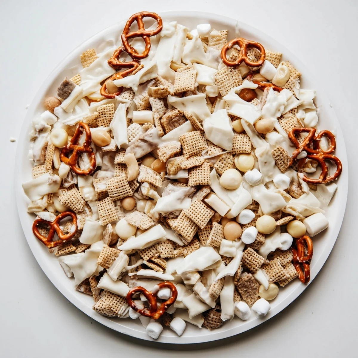 Bowl of White Trash Snack Mix with glossy white chocolate, crunchy pretzels  