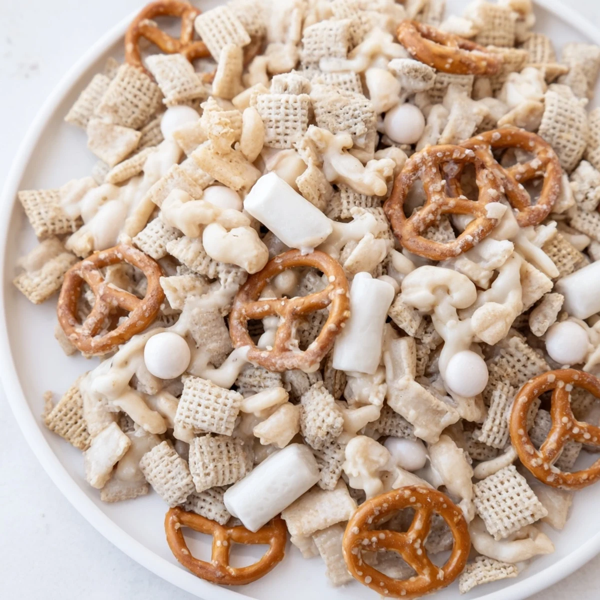 Homemade White Trash Snack Mix spread on parchment, cooling before breaking  