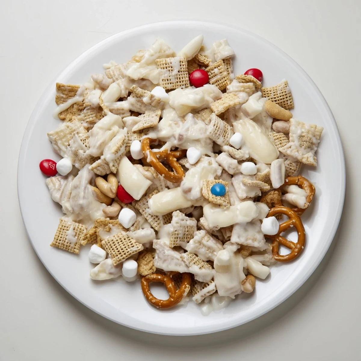 Sweet and salty White Trash Snack Mix studded with M&M's and peanuts