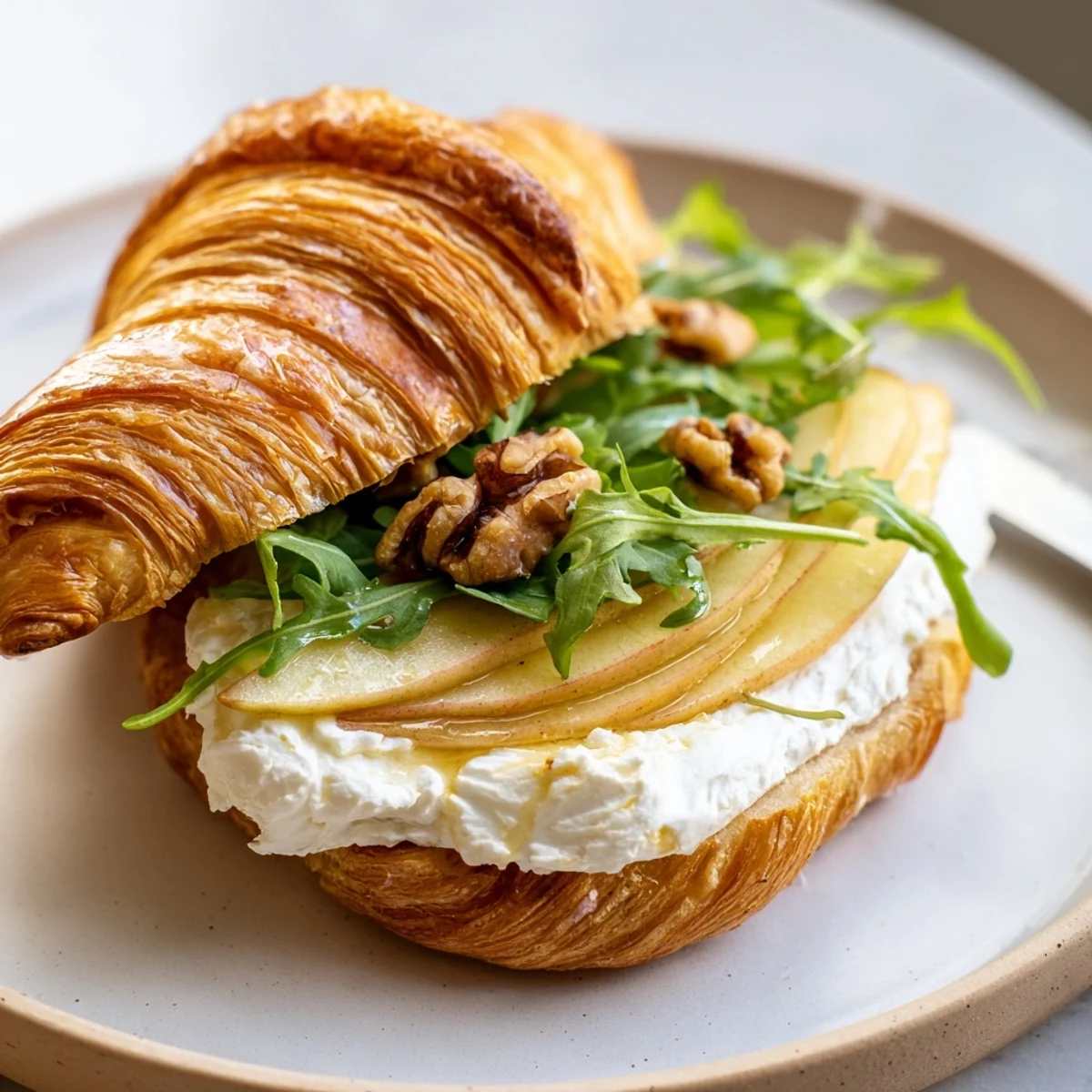 Open-faced Apple Goat Cheese Croissant Sandwich layered with creamy cheese and honey drizzle  