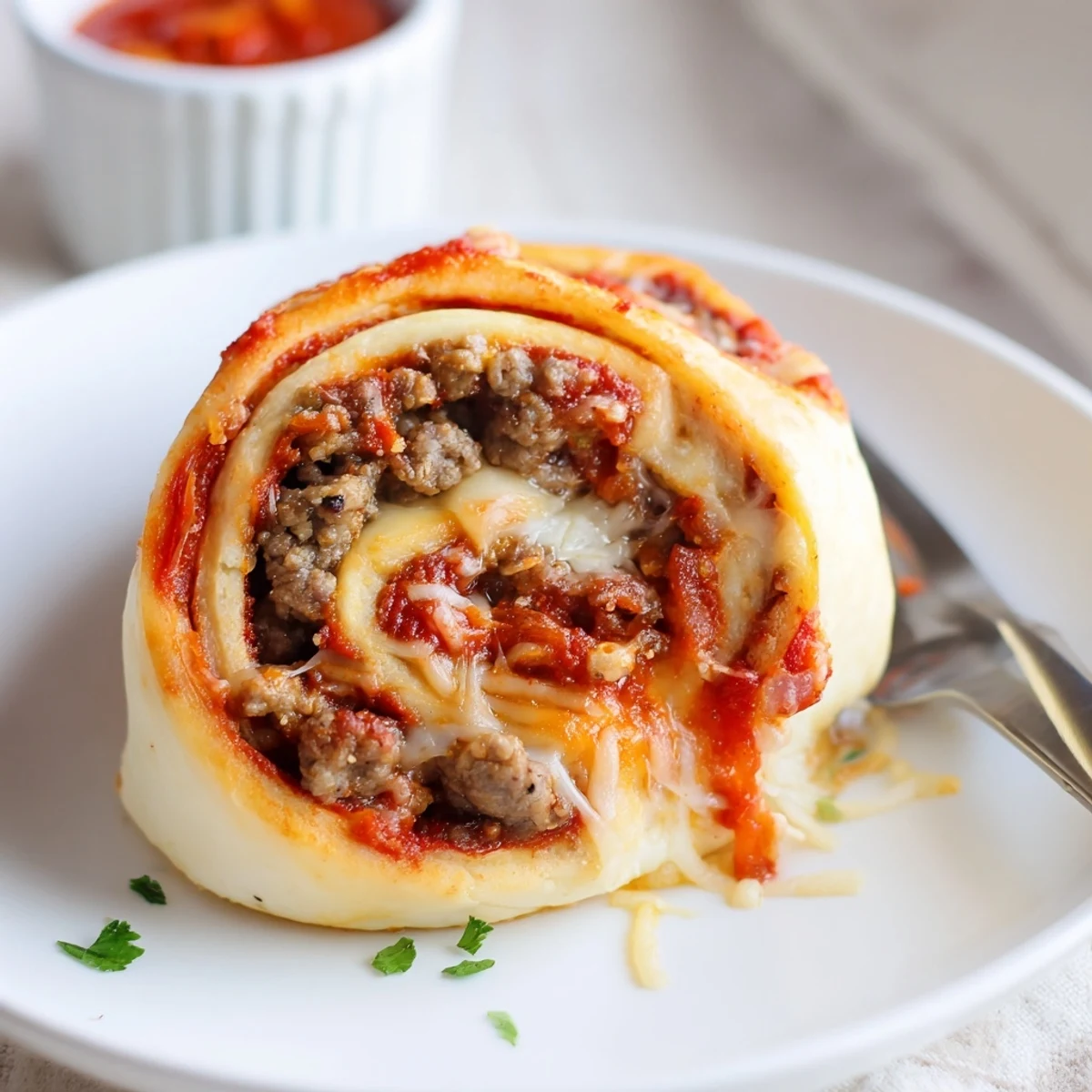 Oven-baked Cheesy Beef Pepperoni Pizza Roll Ups Snack Recipe served with marinara.
