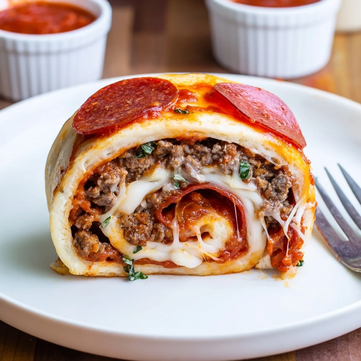 Plate of Cheesy Beef Pepperoni Pizza Roll Ups Snack Recipe, crispy edges visible.