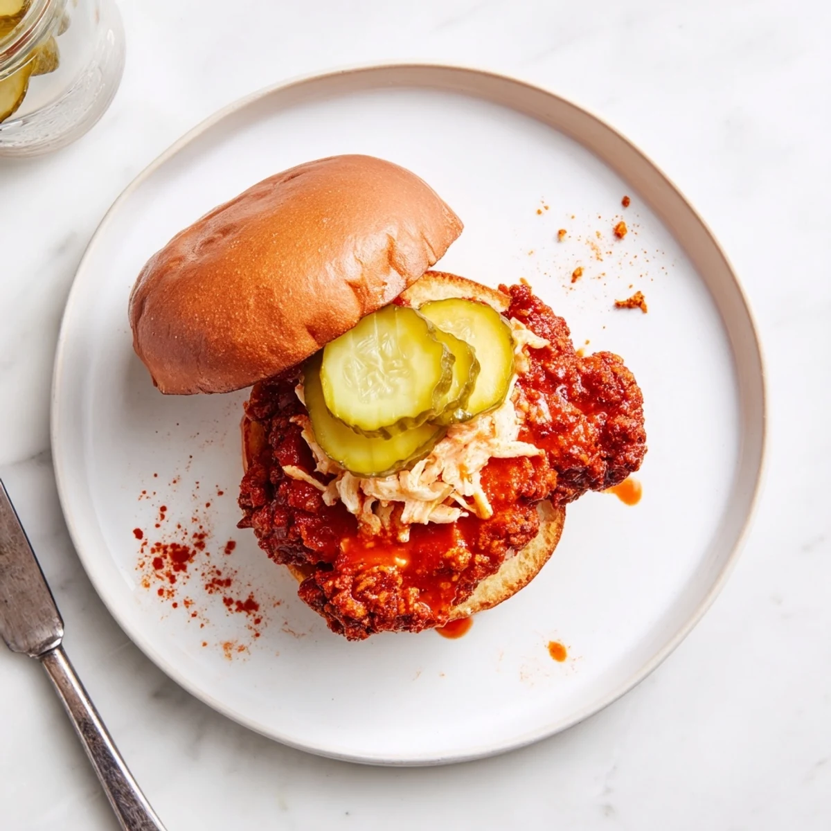 Spicy Nashville Hot Chicken Sandwiches with glossy cayenne glaze, crunchy pickles, creamy slaw