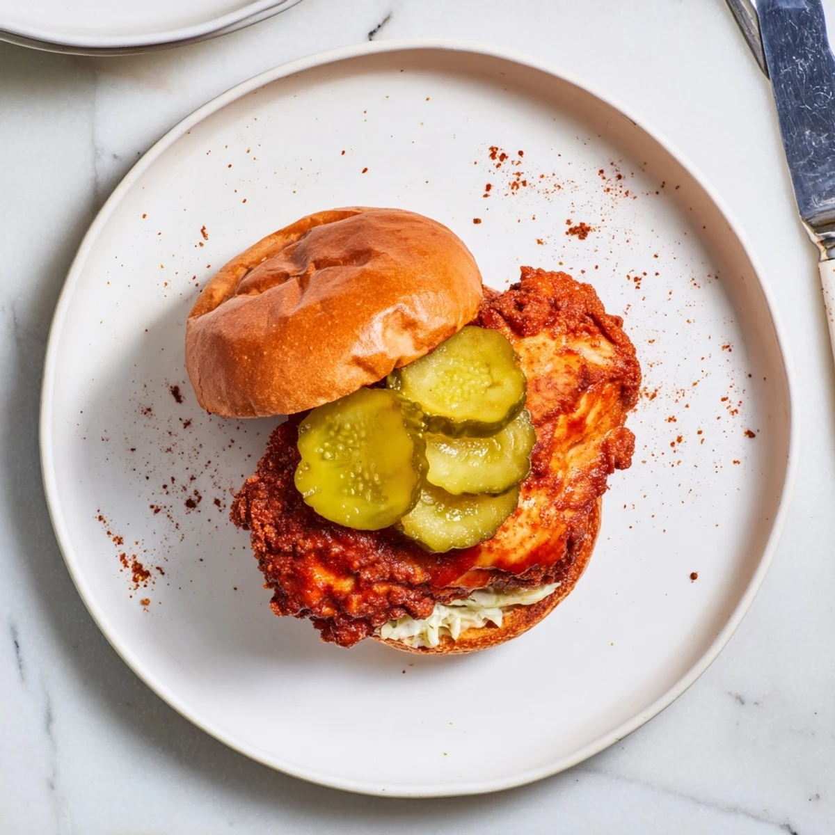 Crispy fried Spicy Nashville Hot Chicken Sandwiches resting on toasted brioche, steam rising