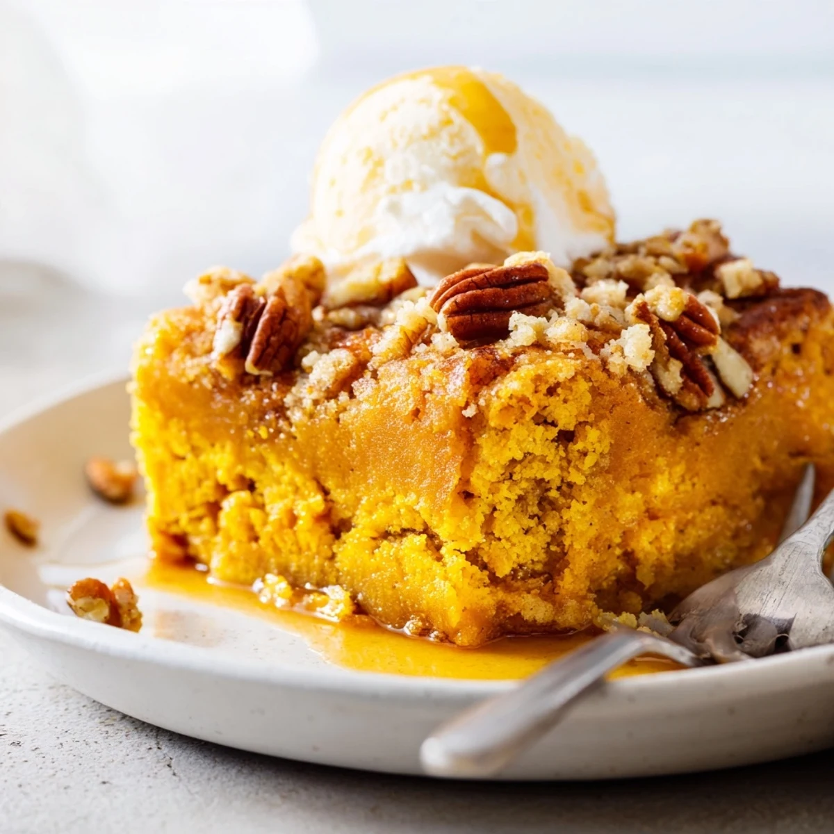 Warm Pumpkin Dump Cake steaming in pan with crunchy pecan topping  