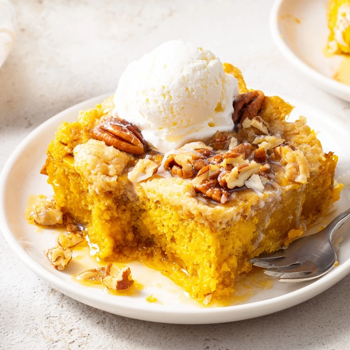Golden-brown Pumpkin Dump Cake releasing inviting pumpkin spice aroma, ready to serve