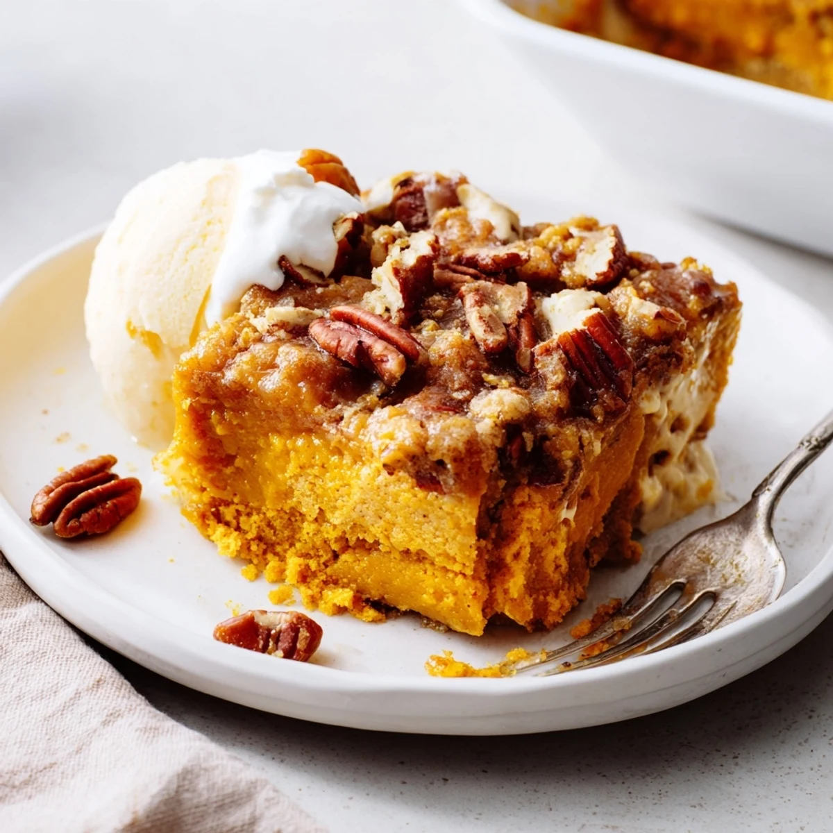 A slice of Pumpkin Dump Cake with vanilla ice cream melting  