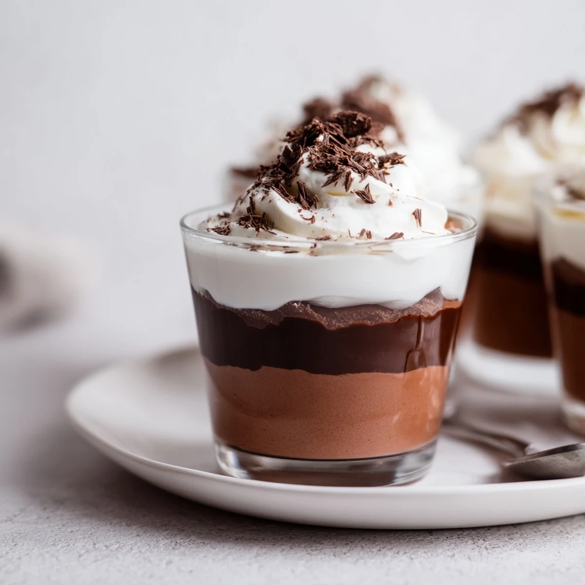Triple Chocolate Mousse Cups layered in glass, silky textures, rich chocolate aroma