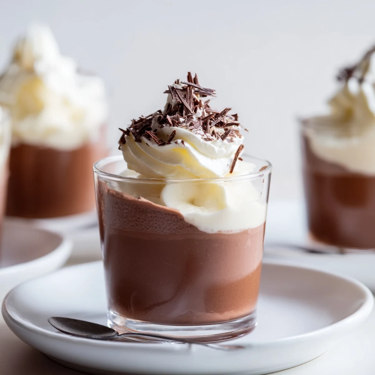 Creamy Triple Chocolate Mousse Cups chilled, topped with shaved chocolate, elegant