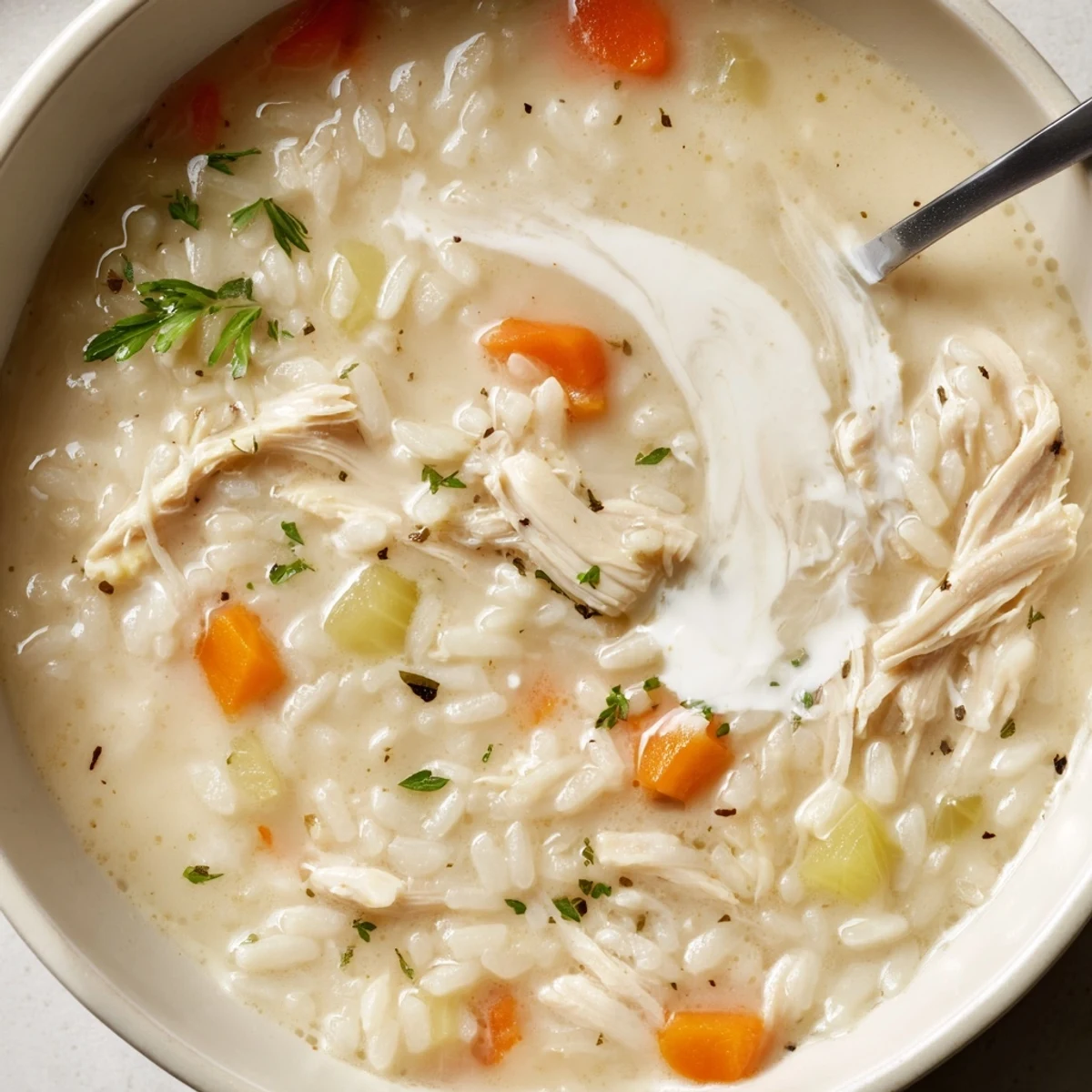 Creamy Chicken Rice Soup steaming in bowl, tender rice and silky broth  