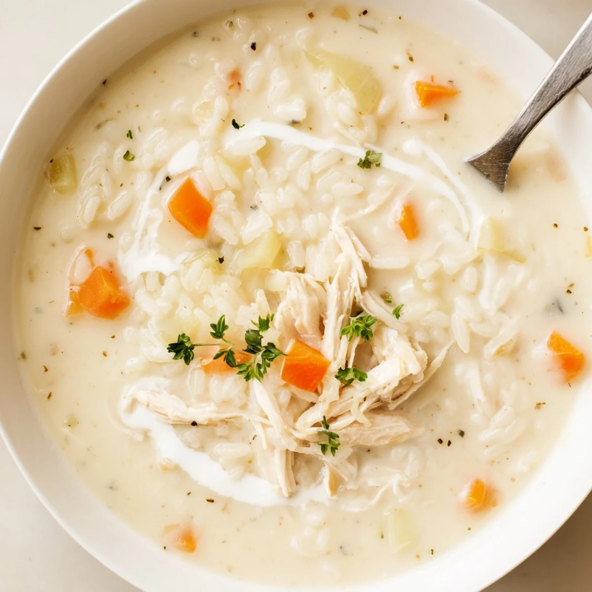 Bowl of Creamy Chicken Rice Soup garnished with parsley, served with bread  