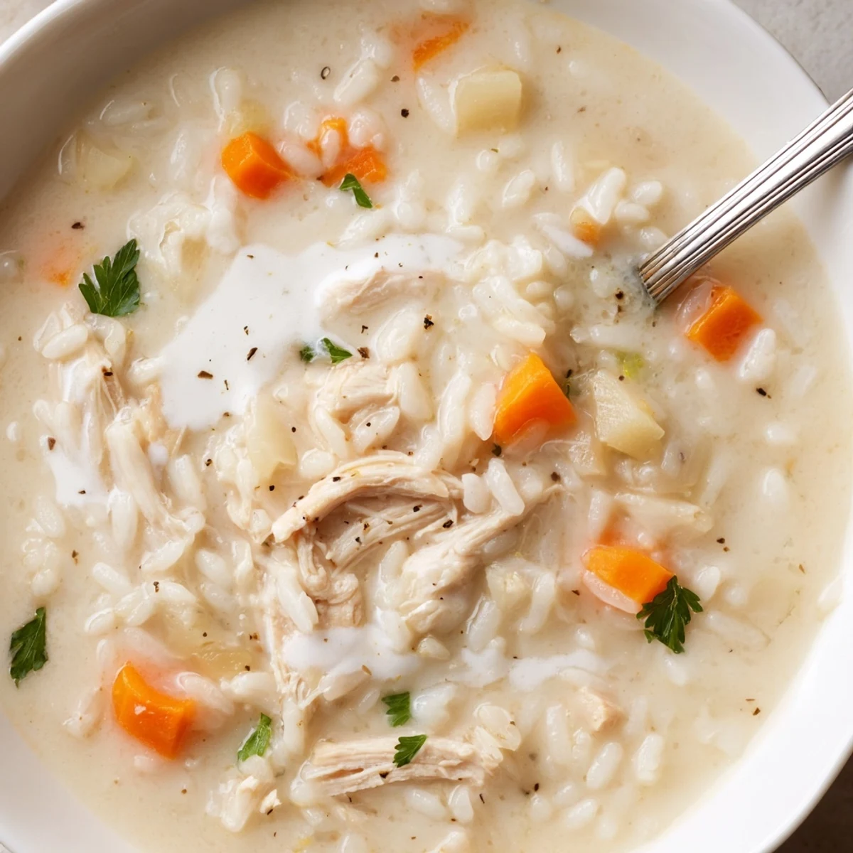 Spoon lifting Creamy Chicken Rice Soup, thick velvety broth with shredded chicken