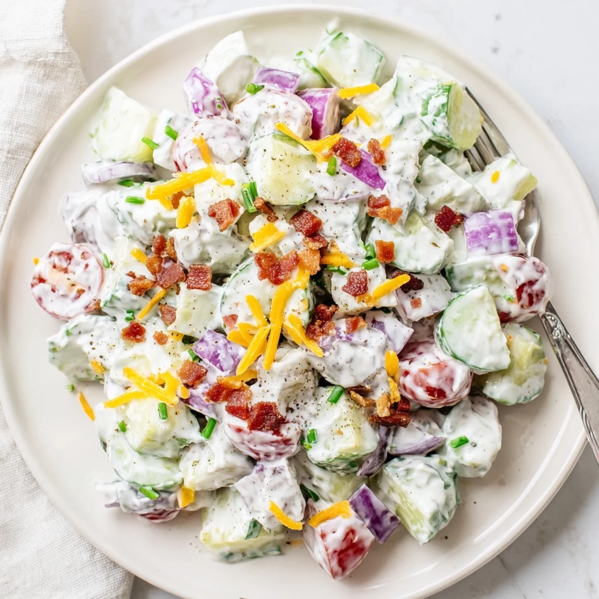 Cucumber Ranch Crack Salad with creamy dressing, crunchy chips, smoky bacon