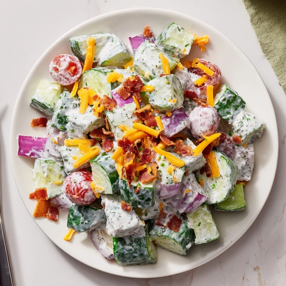 Bright Cucumber Ranch Crack Salad garnished with sharp cheddar and fresh chives