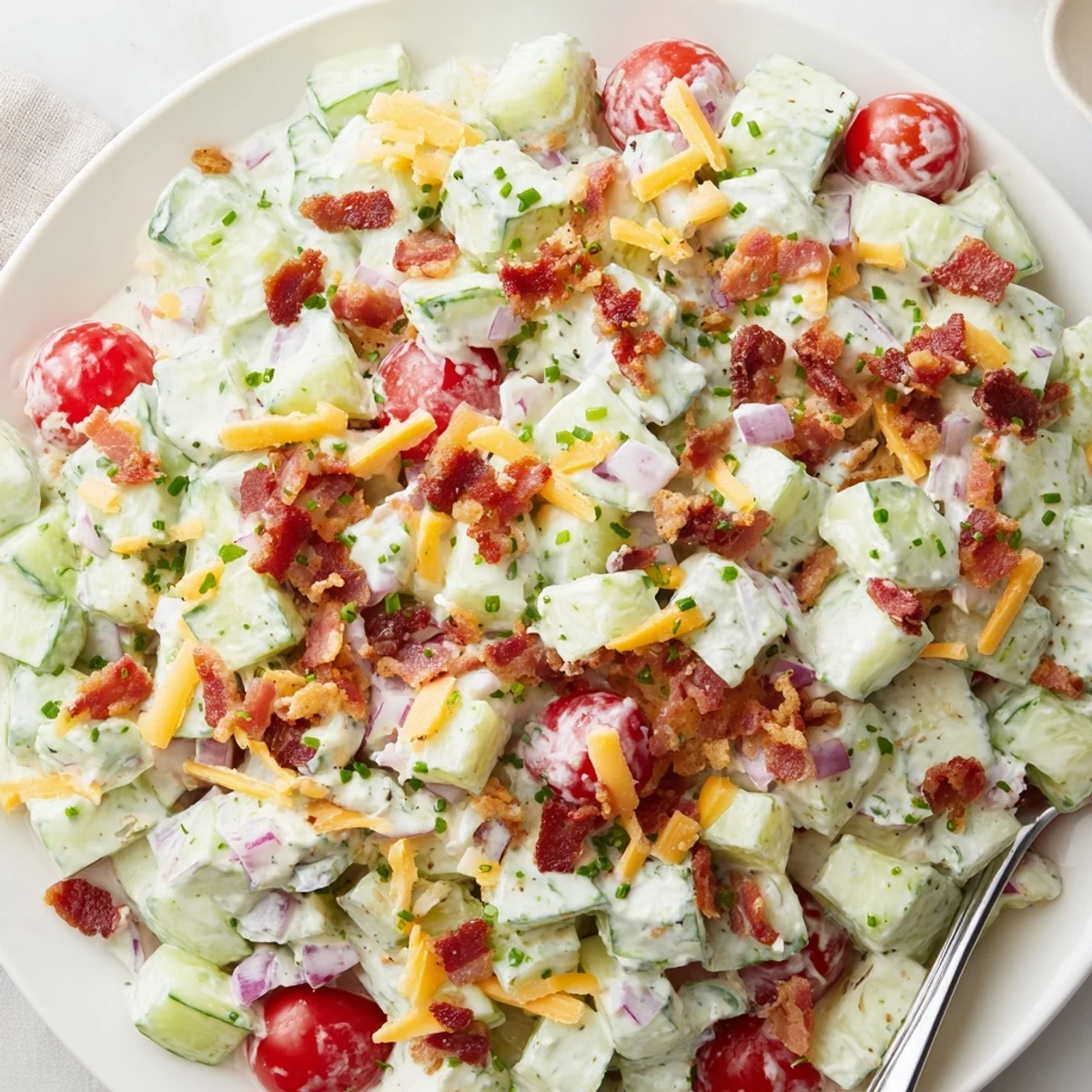 Cucumber Ranch Crack Salad served chilled at potlucks, juicy cucumbers and crispy bacon
