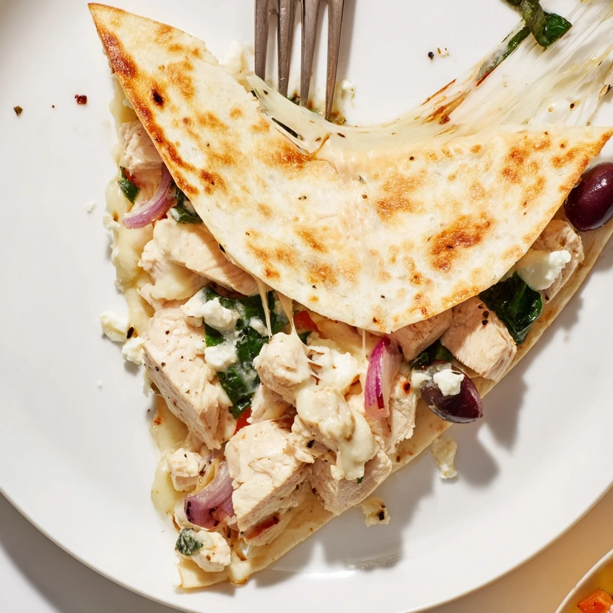 Warm Greek Chicken Quesadillas With Melty Cheese For Dinner Delight, oozing cheese and herbs