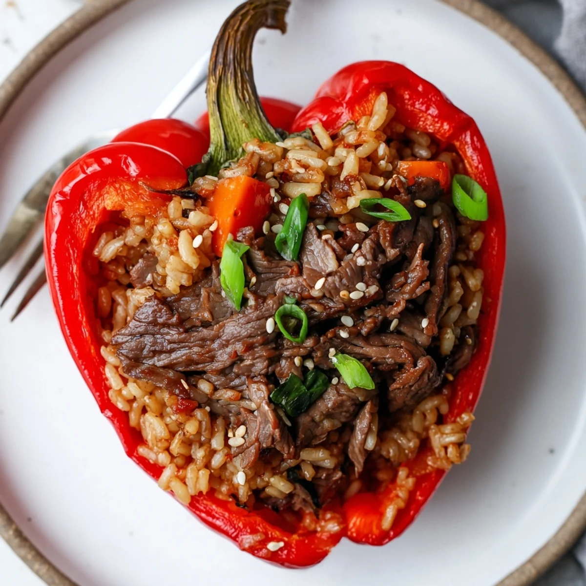 Roasted Korean Beef Bulgogi Stuffed Bell Peppers with rice, garnished with sliced scallions