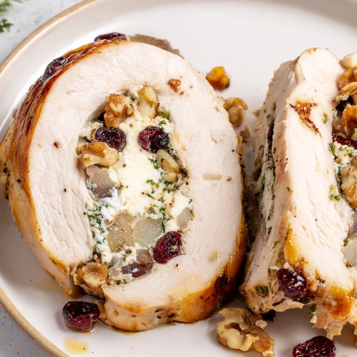 Cranberry Goat Cheese Stuffed Turkey Breast Delight Recipe roasted golden, sliced on a board