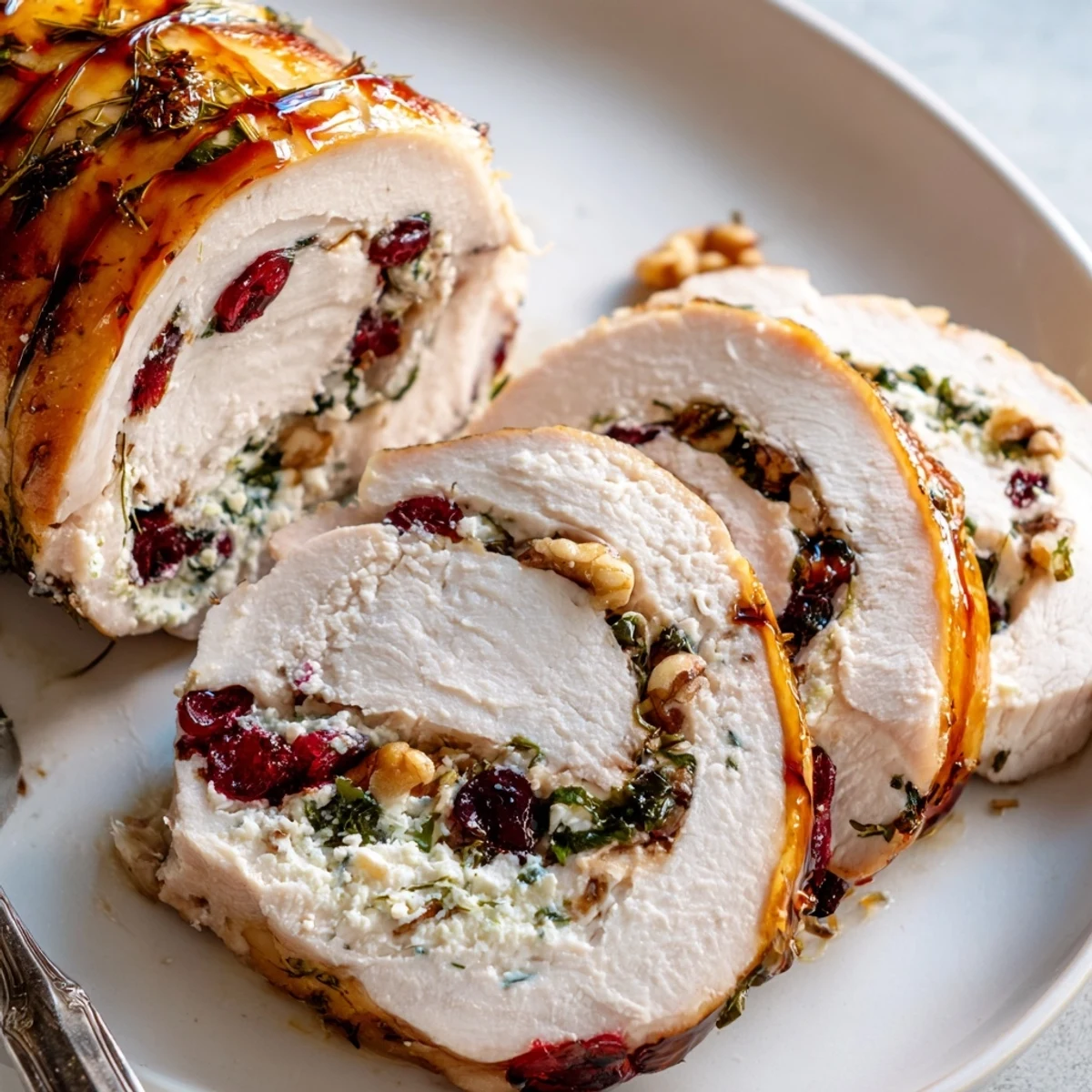Savory Cranberry Goat Cheese Stuffed Turkey Breast Delight Recipe presented with honey glaze