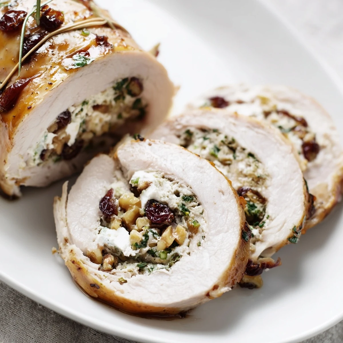 Sliced and resting, Cranberry Goat Cheese Stuffed Turkey Breast Delight Recipe beside roasted vegetables