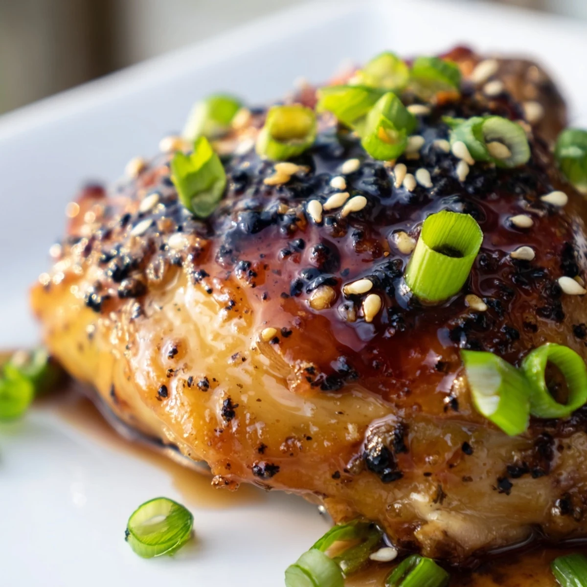 Golden garlic black pepper chicken rests on a white plate garnished with fresh green onions and sesame seeds