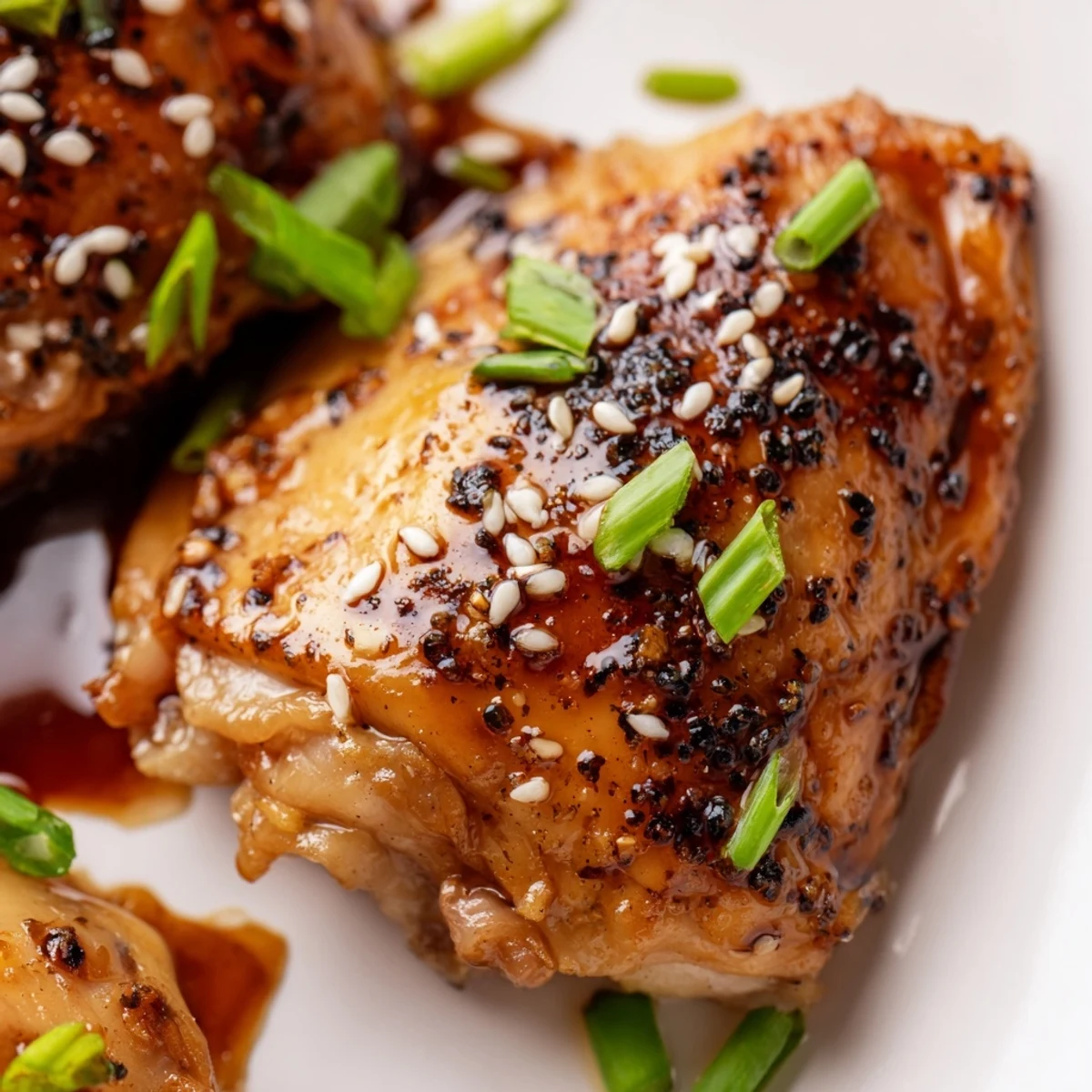 Savory garlic black pepper chicken recipe with caramelized edges and vibrant onion topping on a rustic wooden board