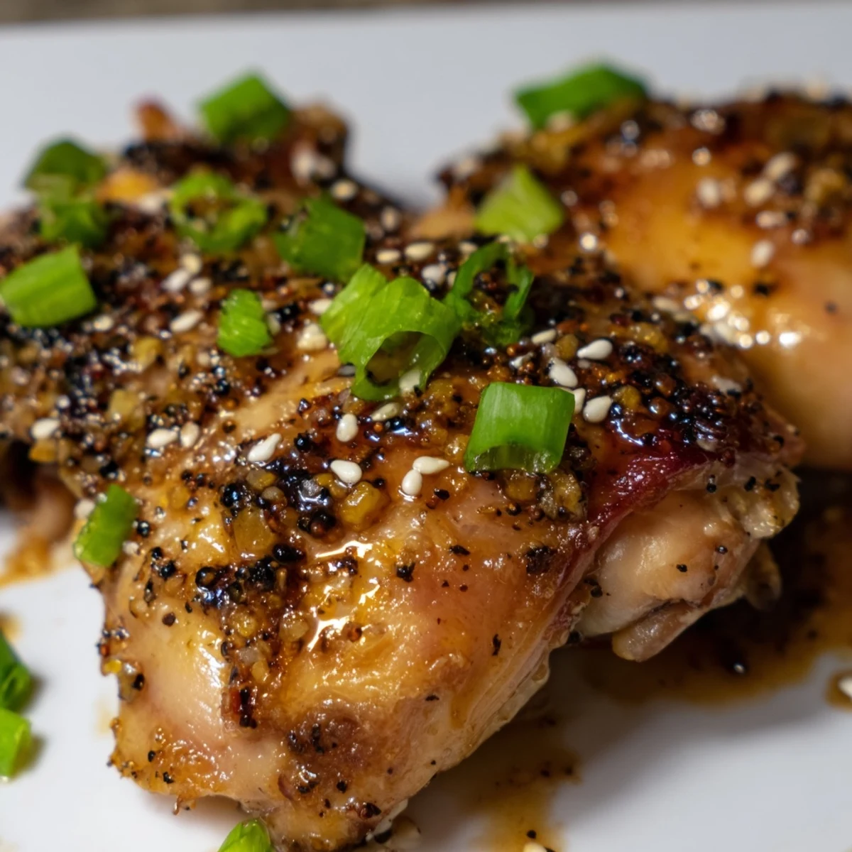 Juicy chicken thighs coated in aromatic garlic and cracked black pepper, served with fluffy steamed rice