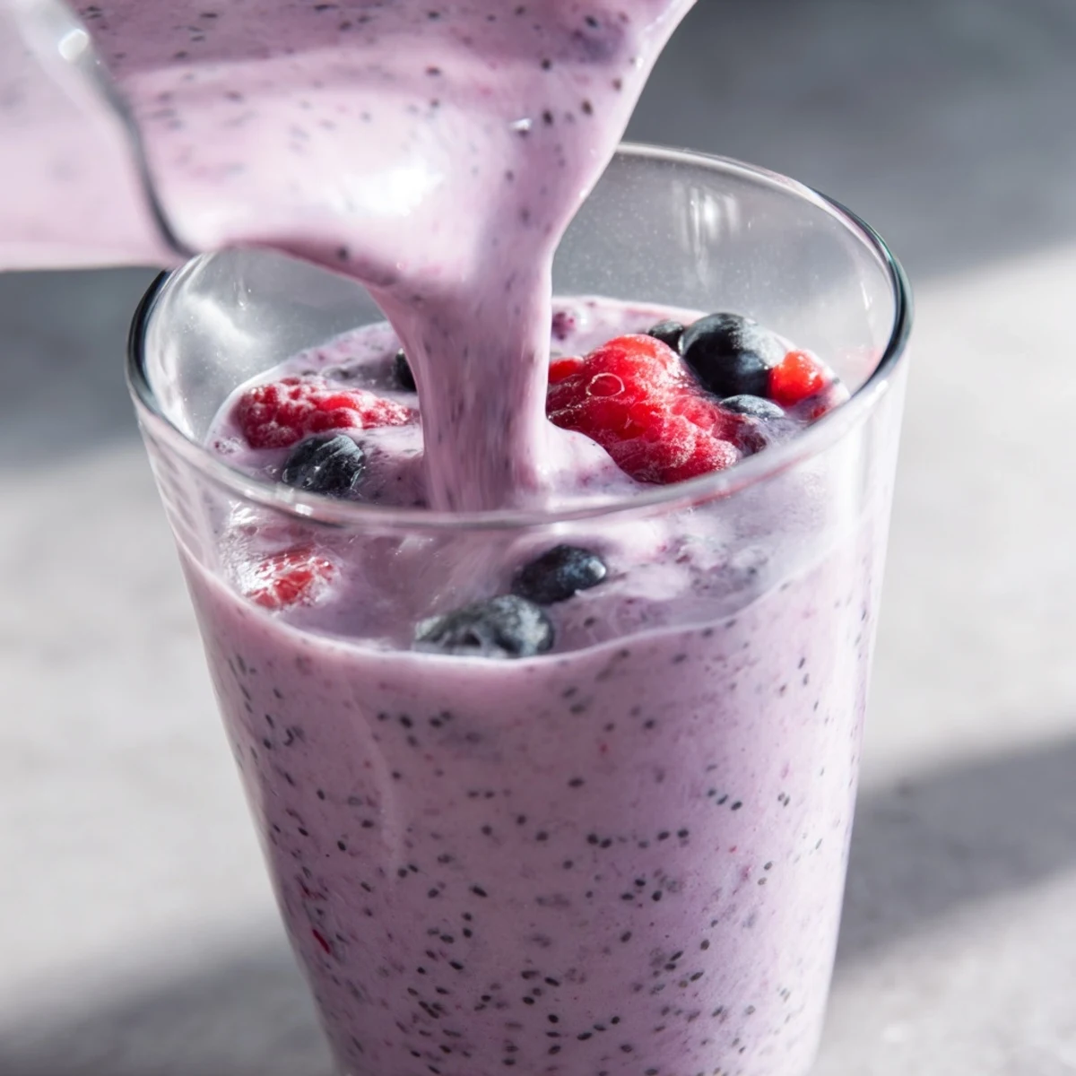 Creamy chia seed smoothie blended with frozen berries and banana, poured into a tall glass with a straw