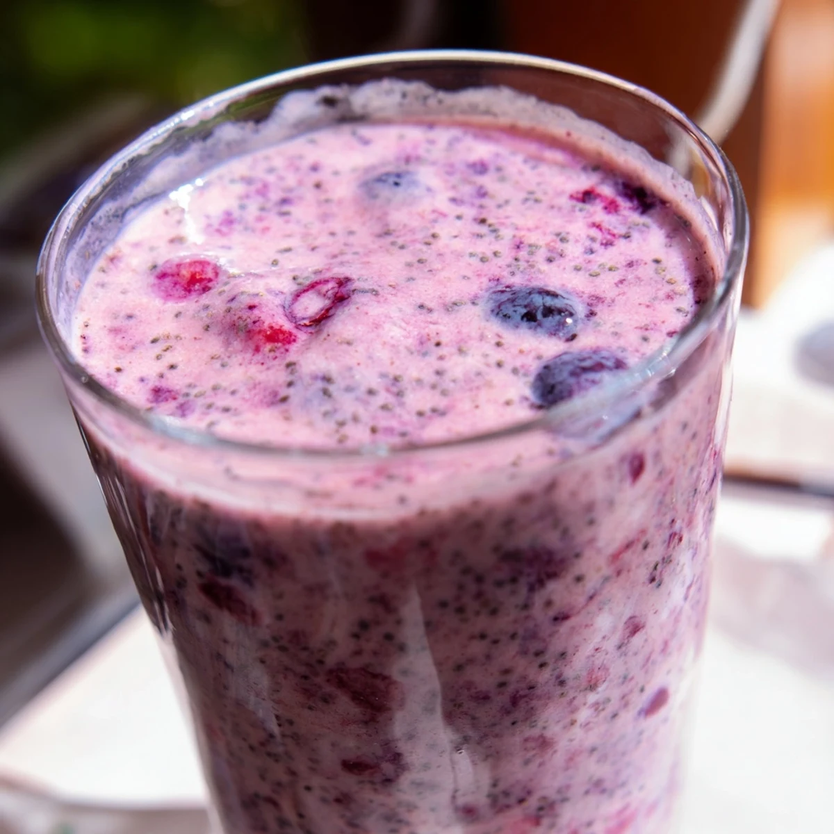 Vibrant purple chia seed smoothie garnished with extra seeds and sliced fruit, ready for breakfast or snack time