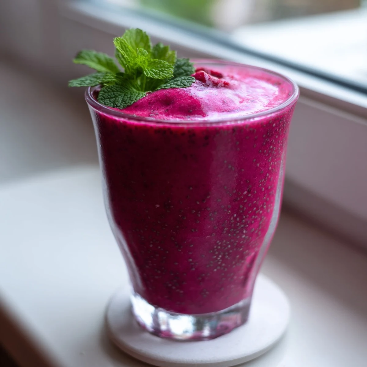 Glossy purple beet smoothie poured into a tall glass topped with fresh mint