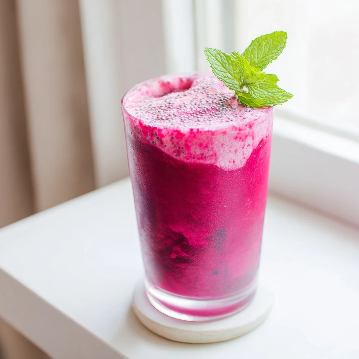 Vibrant magenta beet smoothie blended with creamy Greek yogurt and tropical frozen fruits