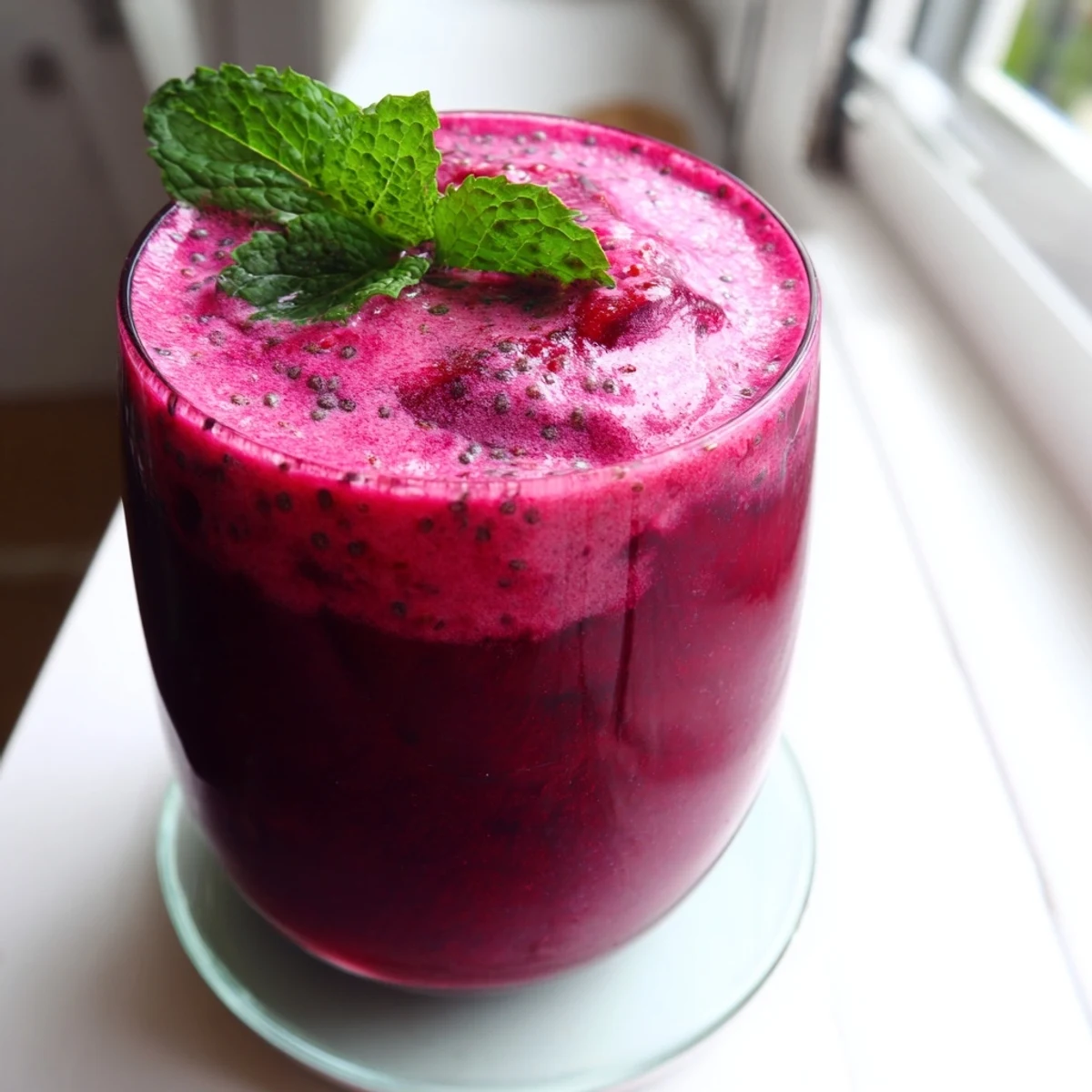 Thick and creamy beet smoothie in a mason jar with visible fruit chunks and chia seeds