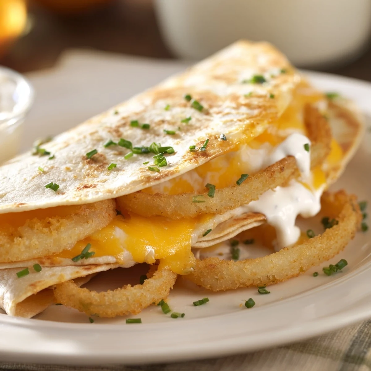 Sliced quesadilla revealing crunchy onion rings and gooey cheese blend inside toasted flour tortilla