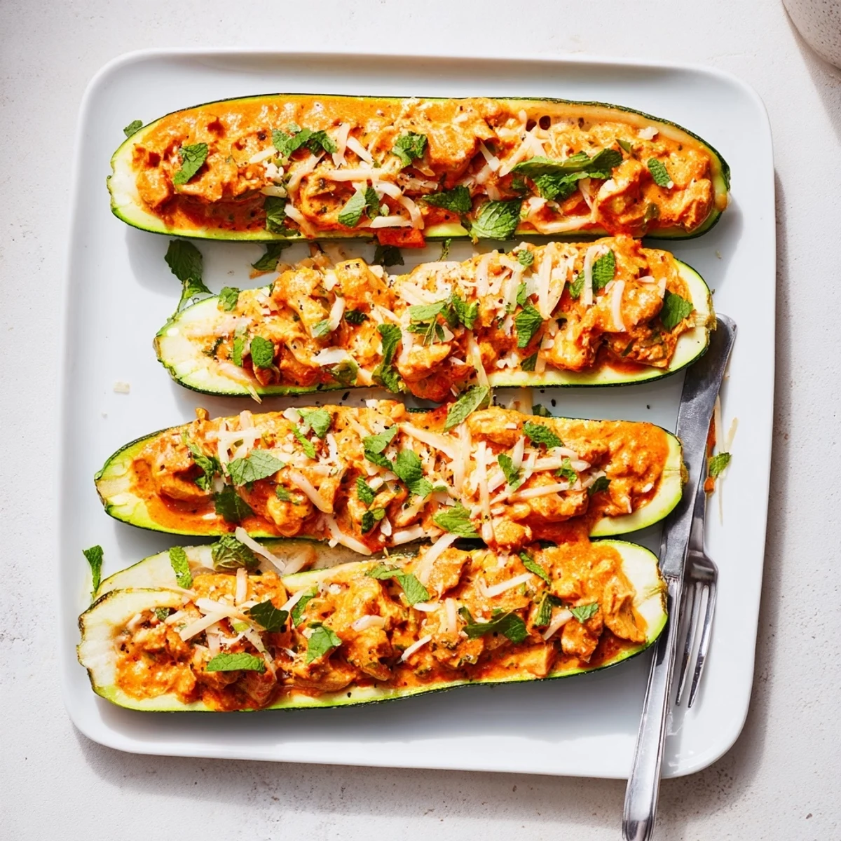 Golden roasted zucchini boats overflowing with creamy butter chicken and vibrant chopped herbs