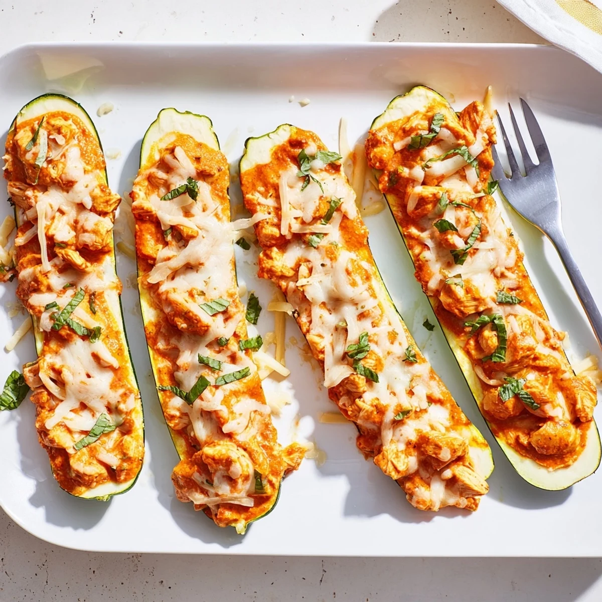 Creamy Indian butter chicken filling nestled inside tender green zucchini boats with mint