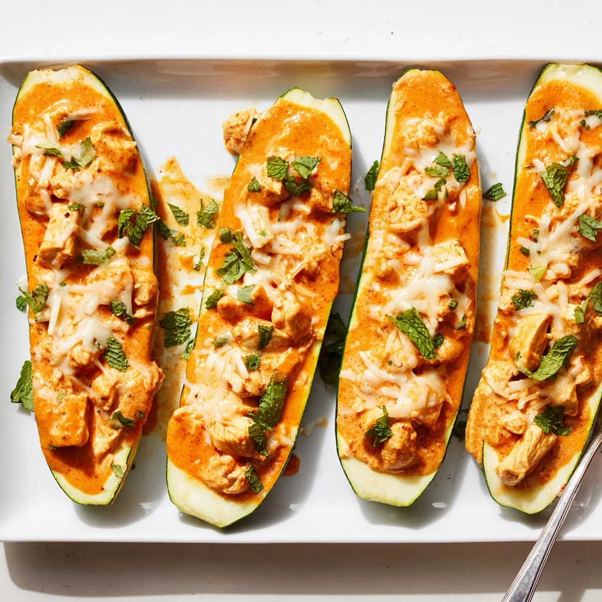 Tender baked zucchini halves stuffed with spiced butter chicken garnished with fresh cilantro