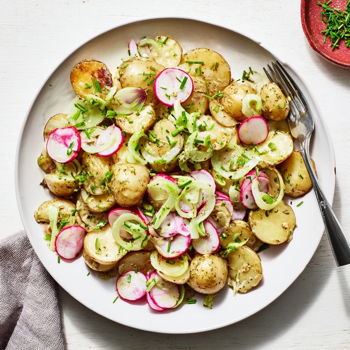 Golden roasted potato salad tossed with fresh herbs and tangy mustard dressing in a white serving bowl