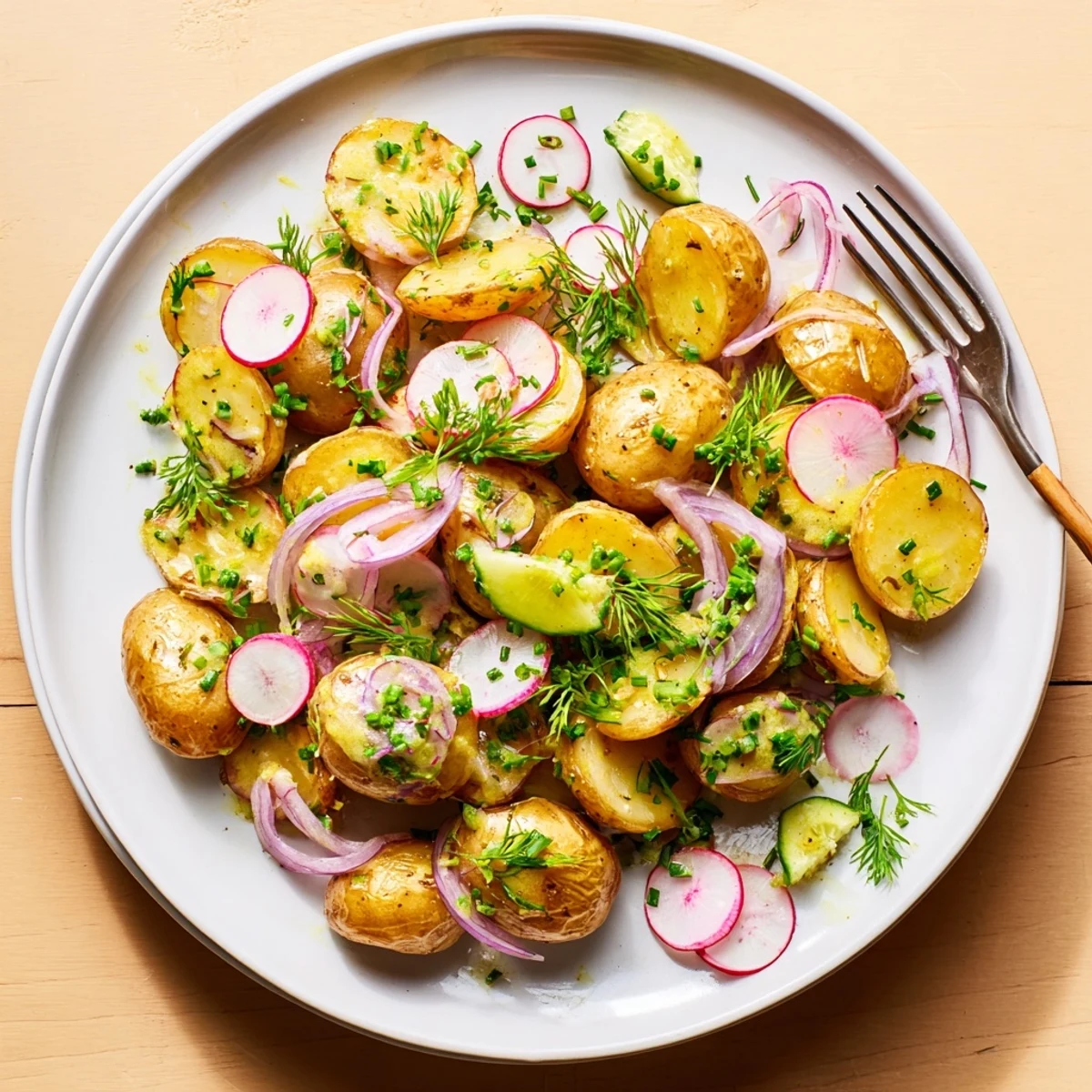 Crispy roasted potato salad with red onion celery and radishes drizzled with zesty Dijon mustard vinaigrette