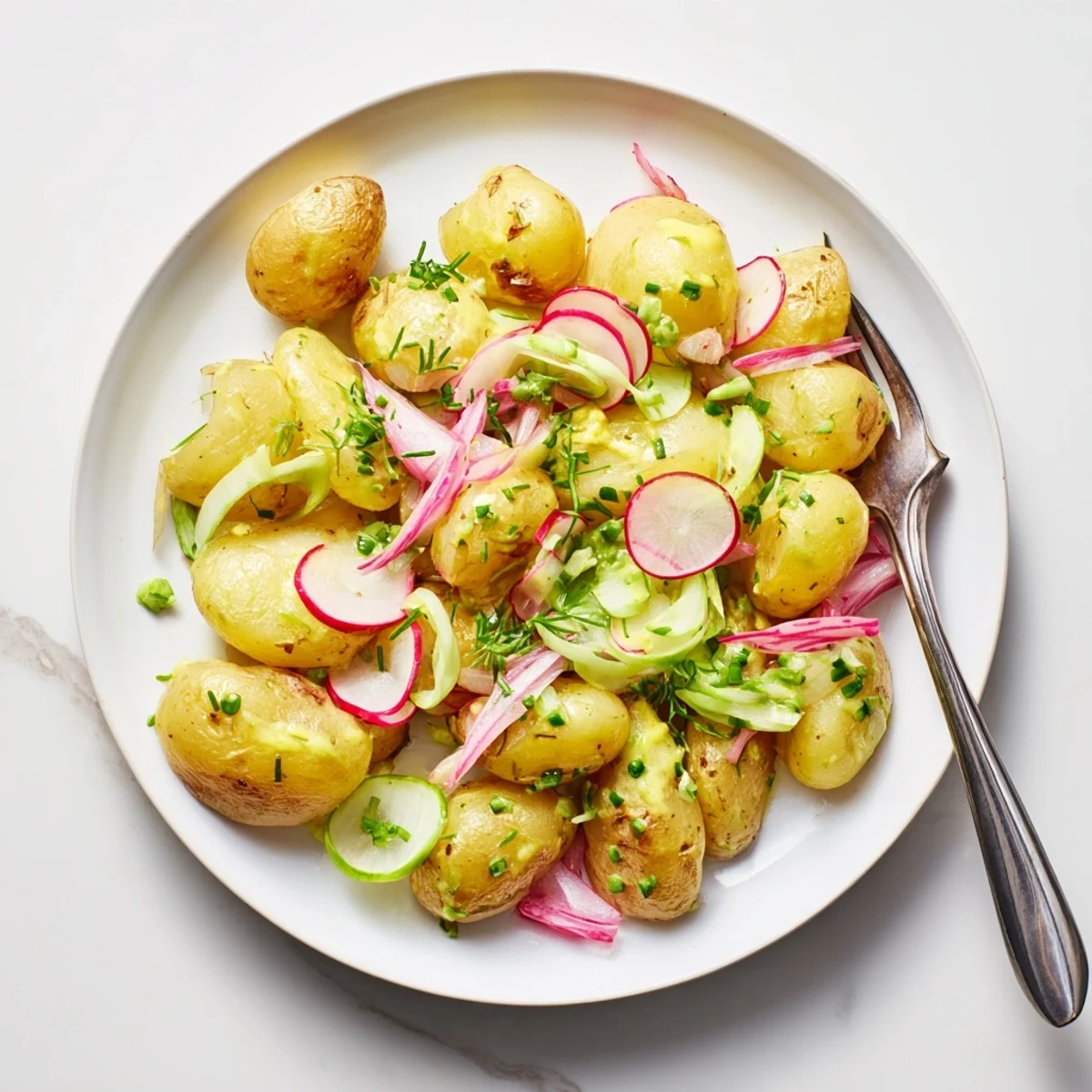 Warm roasted potato salad featuring tender baby potatoes chopped parsley and chives in a light citrus dressing