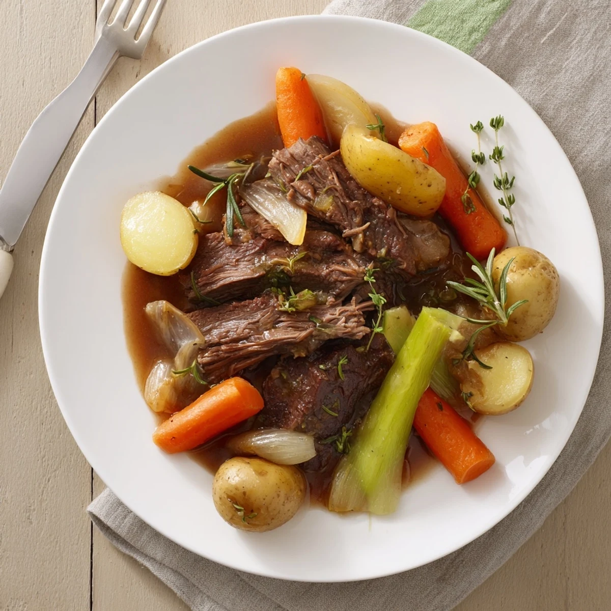 Golden beef chuck roast braised slowly with fresh herbs for fall-apart tenderness